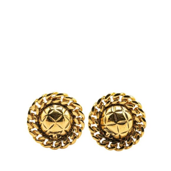 CHANEL CC Logo Quilted Chain Clip-On Earrings Gold Tone Auth #4745 - Picture 2 of 4